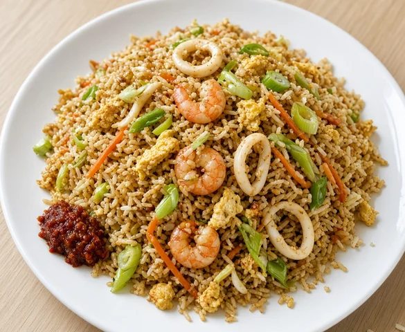 Seafood fried rice with shrimp, squid, egg and spring onion, with chilli paste